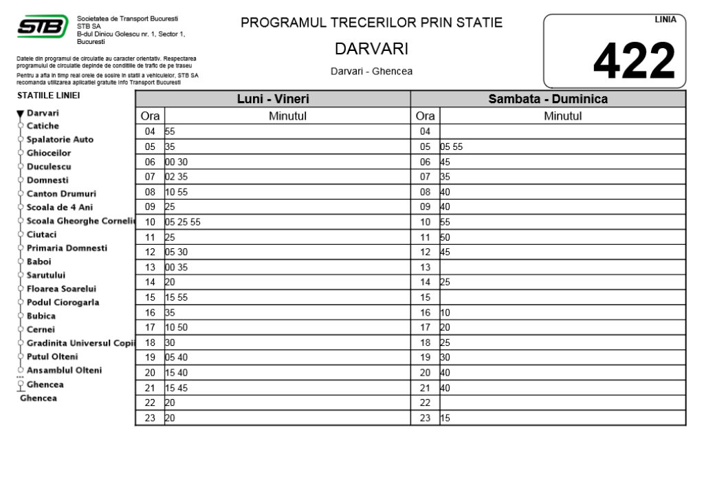Program 422 STB Darvari - Ghencea Domnesti